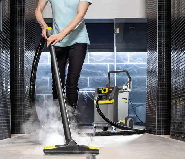 Steam cleaning a gym or pool tiled floor